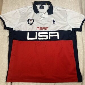 Polo Ralph Lauren Shirt Mens 2XL Navy Red Team USA Flag Big Pony Custom Slim Fit